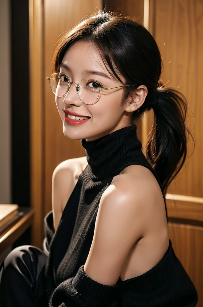 head portrait,Lady Lady,A young man laughing heartily,Black single ponytail,Gold wire round frame glasses,High neck black sweater