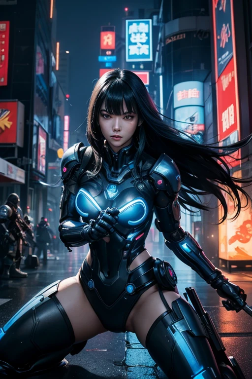 Digital Cyberpunk Art、8k、Very detailed、Long black hair、Shiny、Blue and white mechanical girl、Valkyrie Robo、Japanese women、Medium chest、A temple with a neon sign、(fighting stance)