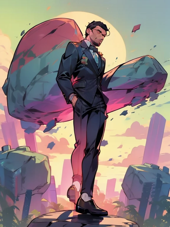 Man in suit pushing a very huge rock uphill, full body, side view, back view,