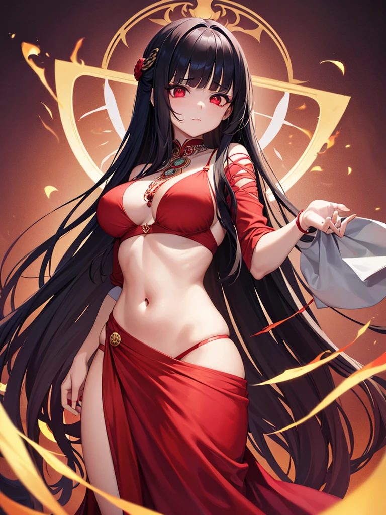 An Indian Scary Horror Girl, Cute Face Girl, Shinning Red Eyes, Long Hair, Looks like Evil and Killer, Anime Indian Girl Wearing Red Saree, Red Blouse Full Sleeve, Uncovered Belly, Photo should be from her Head to Thigh, Holding a large Knife on her hand.