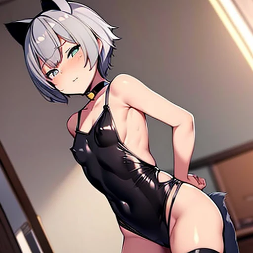 Cat, Butt cut-outs, Chest cutouts, boobs out, Front opening, Knee-high socks, Gray Hair, short hair, Dutch Angle, Mid-breasted, orelhas de Cat, room, Black Neck Choker, sexy, beautiful, small, Cute person