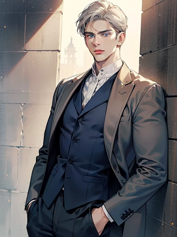 masterpiece, best quality, realistic, 1man, mature male, quiet and charming young man, 41 year old, serious look, closed mouth, portrait, extremely detailed face, cold smile, ((dark grey blue eyes)), ((short-right-swept dark white hair)), [thick eyebrows], ((suit)), handsome, full body, western, Jewish, light brown skin,