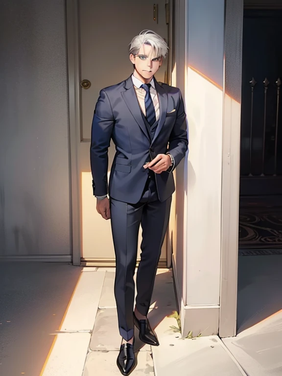 masterpiece, best quality, realistic, 1man, mature male, quiet and charming young man, 41 year old, serious look, closed mouth, portrait, extremely detailed face, cold smile, ((dark grey blue eyes)), ((short-right-swept dark white hair)), [thick eyebrows], ((suit)), handsome, full body, western, Jewish, light brown skin,