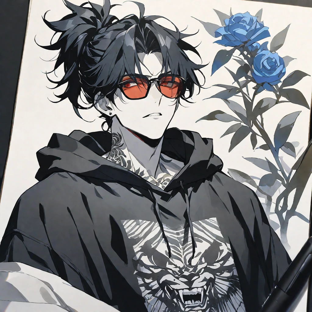 solo, handsome, Monochrome,watercolor,1 male, Ponytail, Braided black hair, red eyes, Gojo Satoru,casual,Blue Rose Tattoo,black Oversized hoodie,casual,Stylish,cool,sunglasses,
blackbackground,icon,despise