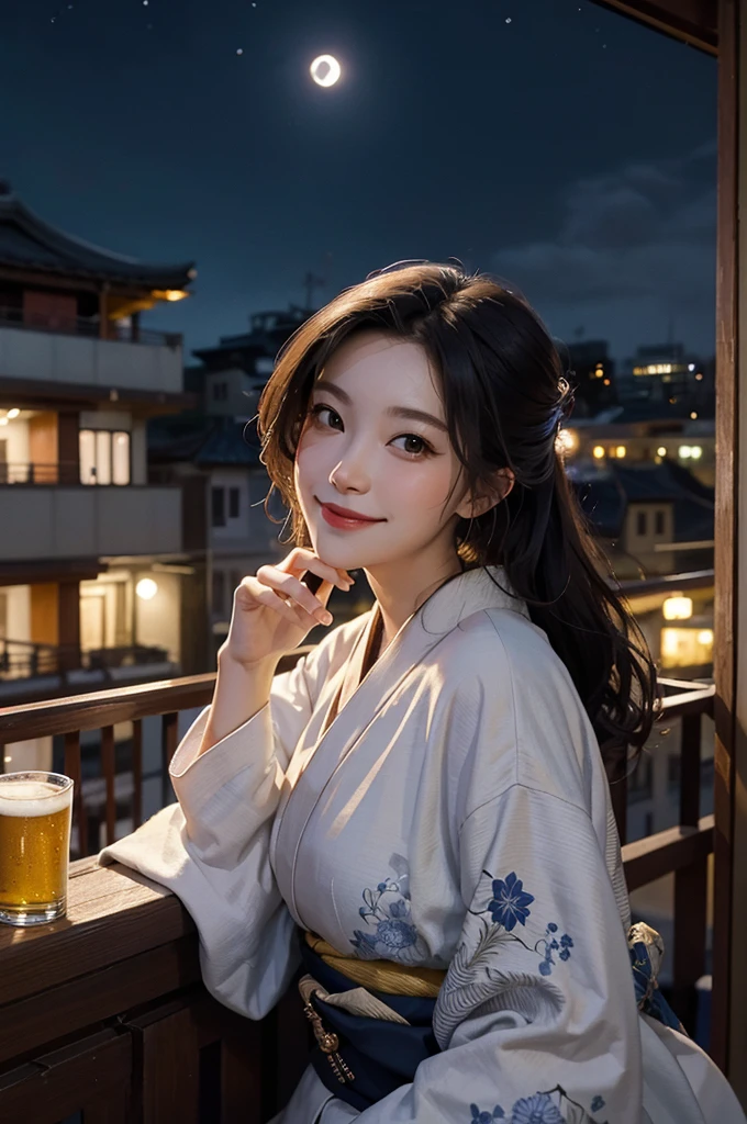 (masterpiece), best quality, expressive eyes, perfect face, At night, under the city lights, on a balcony of an apartment, a woman in a kimono drinks beer, smiling, under the moon and stars, feeling the night breeze.