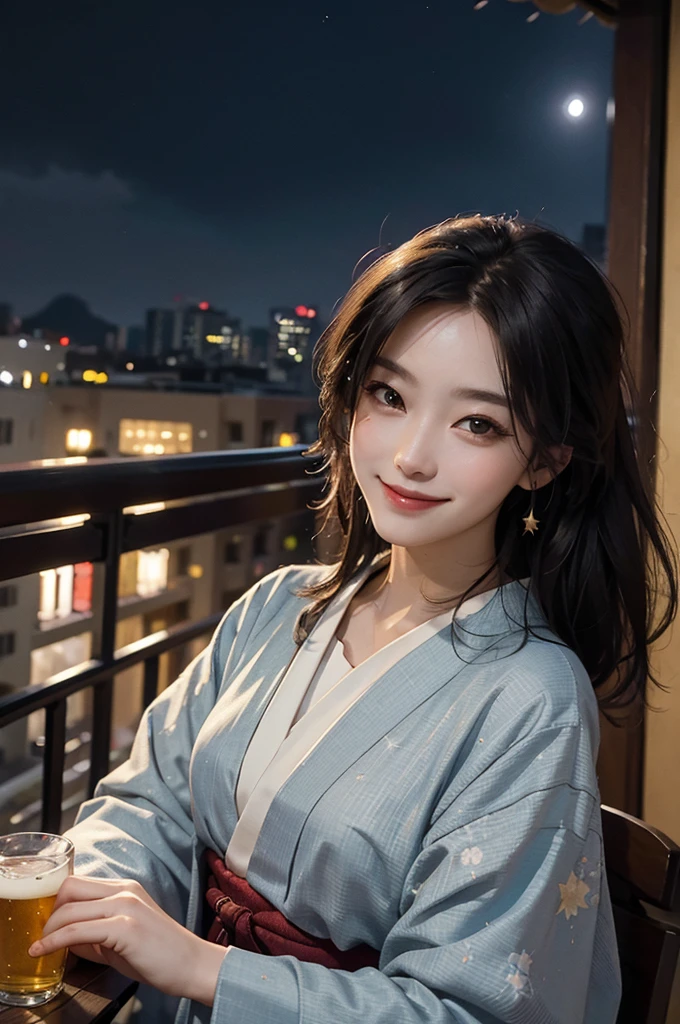 (masterpiece), best quality, expressive eyes, perfect face, At night, under the city lights, on a balcony of an apartment, a woman in a kimono drinks beer, smiling, under the moon and stars, feeling the night breeze.