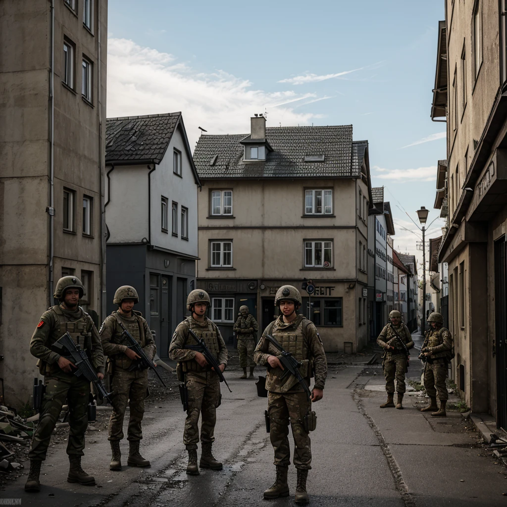 A street in an apocalyptic world with soldiers squad standing in front of a street sign where 1.germany draufsteht