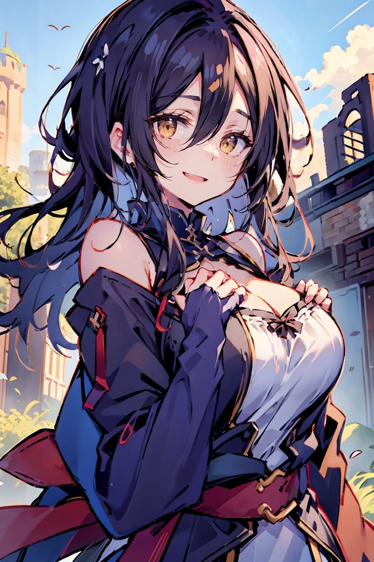 (masterpiece:1.2), (high quality:1.2), (hui xiyi:0.7), rekkyo sensen, rekkyou sensen, girls with((black hair, tits cleavage, waving is hands, breasts close up, (suspenders:0.65), (dress:0.65), (blue clothes:1.2), (belts:0.7), frills shirt, (white knit sweater:0.65), camisole, exposed breasts, straps, ribbon, upper body, (long wavy hair:1.2), one side up, nun, long sleeves, perfect hands, (five fingers:1.2))), background with(((fantasy world:1.1), ruin, (castle:1.2), beautiful sky, shining sky, sunshine))
