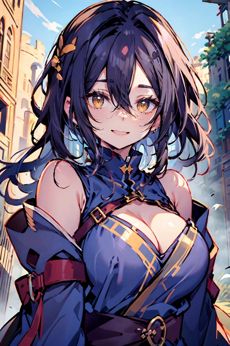 (masterpiece:1.2), (high quality:1.2), (hui xiyi:0.7), rekkyo sensen, rekkyou sensen, girls with((black hair, tits cleavage, waving is hands, breasts close up, (suspenders:0.65), (dress:0.65), (blue clothes:1.2), (belts:0.7), frills shirt, (white knit sweater:0.65), camisole, exposed breasts, straps, ribbon, upper body, (long wavy hair:1.2), one side up, nun, long sleeves, perfect hands, (five fingers:1.2))), background with(((fantasy world:1.1), ruin, (castle:1.2), beautiful sky, shining sky, sunshine))