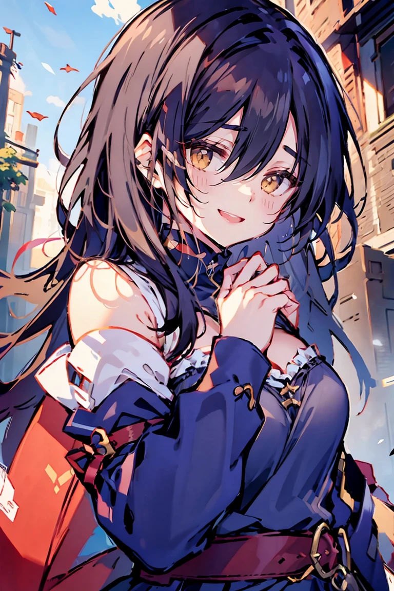 (masterpiece:1.2), (high quality:1.2), (hui xiyi:0.7), rekkyo sensen, rekkyou sensen, girls with((black hair, tits cleavage, waving is hands, breasts close up, (suspenders:0.65), (dress:0.65), (blue clothes:1.2), (belts:0.7), frills shirt, (white knit sweater:0.65), camisole, exposed breasts, straps, ribbon, upper body, (long wavy hair:1.2), one side up, nun, long sleeves, perfect hands, (five fingers:1.2))), background with(((fantasy world:1.1), ruin, (castle:1.2), beautiful sky, shining sky, sunshine))