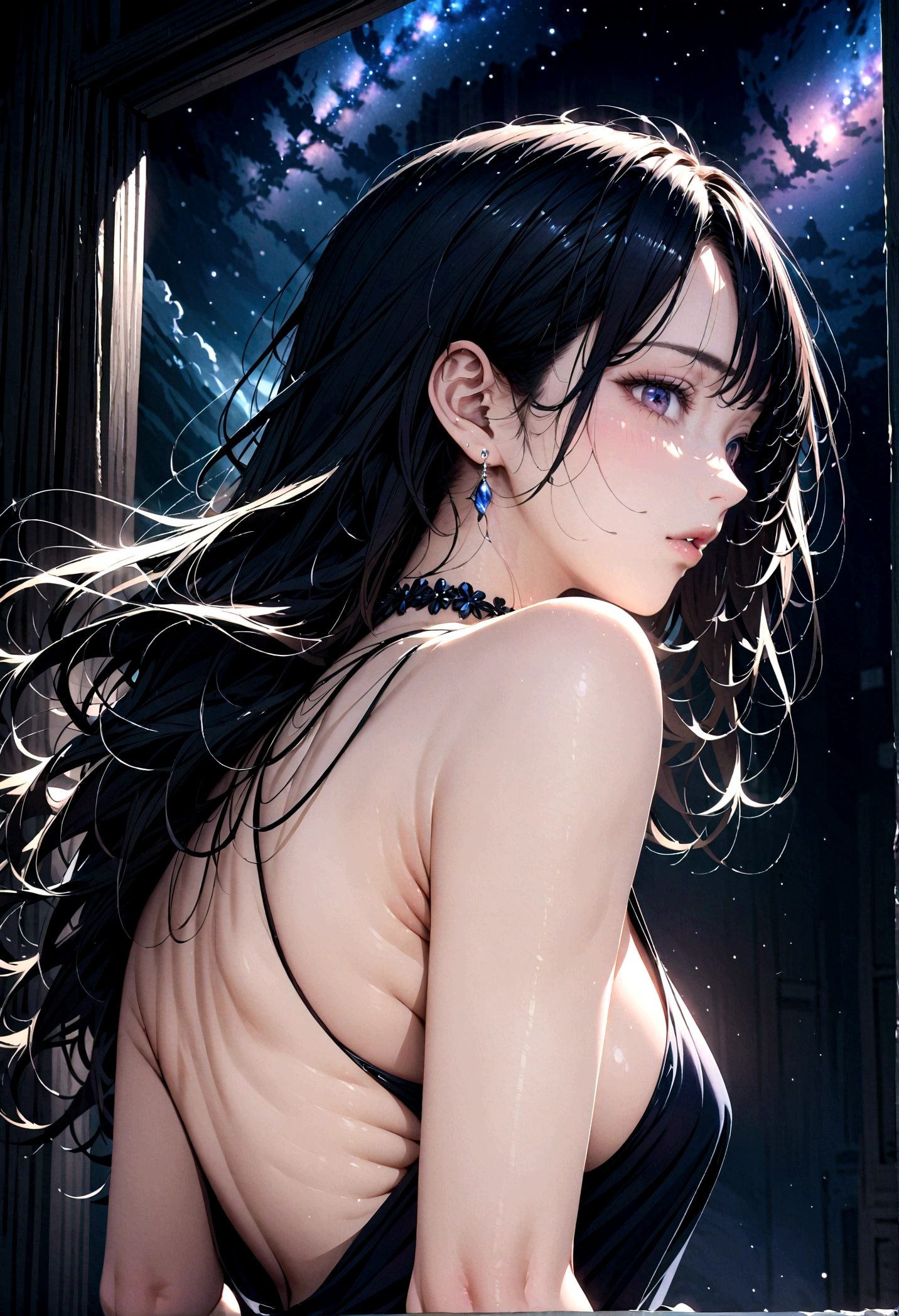 8k, masterpiece, RAW Photos, Highest quality, Realistic, Very detailed, Depth of written boundary, Cinematic Light, Anatomically correct body,
One elegant beautiful mature woman, Wavy black long hair, Very beautiful face, Exquisitely detailed face, Goddess-like deity々Beautiful,
Glamorous Body, Very sensitive skin, Transparent white skin, Sexy ass, Sexy thighs,
See-through high slit dress, Detailed cloth texture, Gorgeous necklace, Gorgeous earrings,
Dark starry background, Milky Way Galaxy, Meteors, Dark coastline at night, Pitch black sea surface,
Low angle shot,