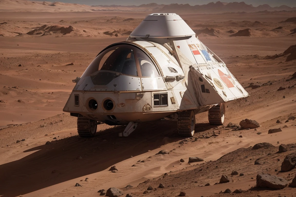 On Mars，The astronaut holding the five-star red flag in the distance on the left，A SpaceX astronaut in a different spacesuit on the far right, (8K, best quality, masterpiece:1.2), (Practical, Reality:1.37), Extremely detailed