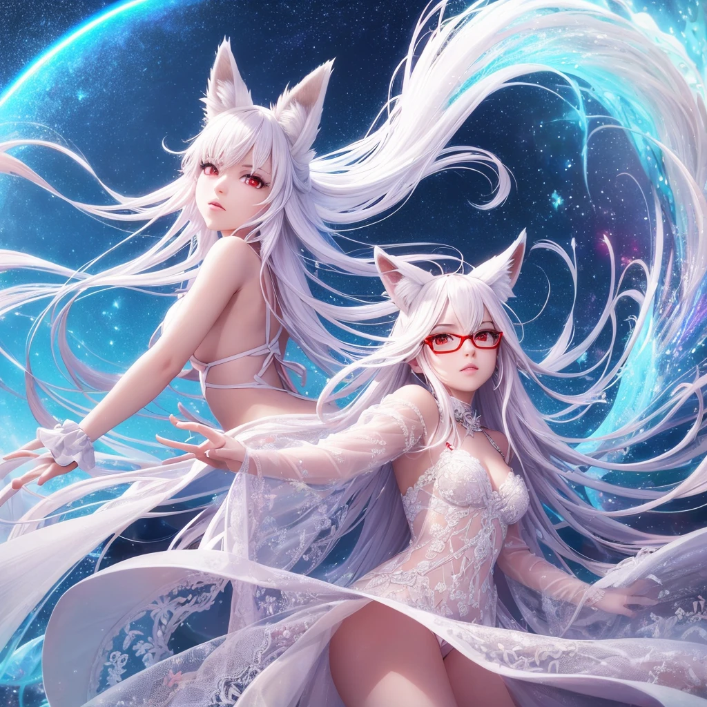 best quality, 8k, original photo, Ridiculous, Extremely detailed, Fox-eared maiden,baby face, No makeup, Provocative expressions,slim, Perfect proportion, White straight hair, (wind, wind-effect), Red Eyes, Various visual styles for backgrounds,combines various artistic elements,like a sparkling iridescent rainbow,Fox tail,Lace dress,wearing glasses