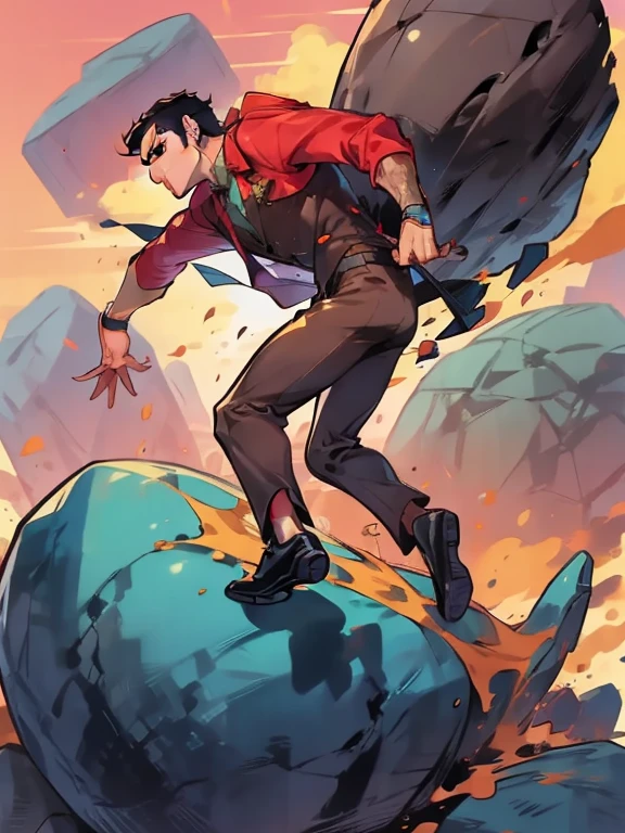Man in suit pushing a very huge rock uphill, full body, side view, back view,