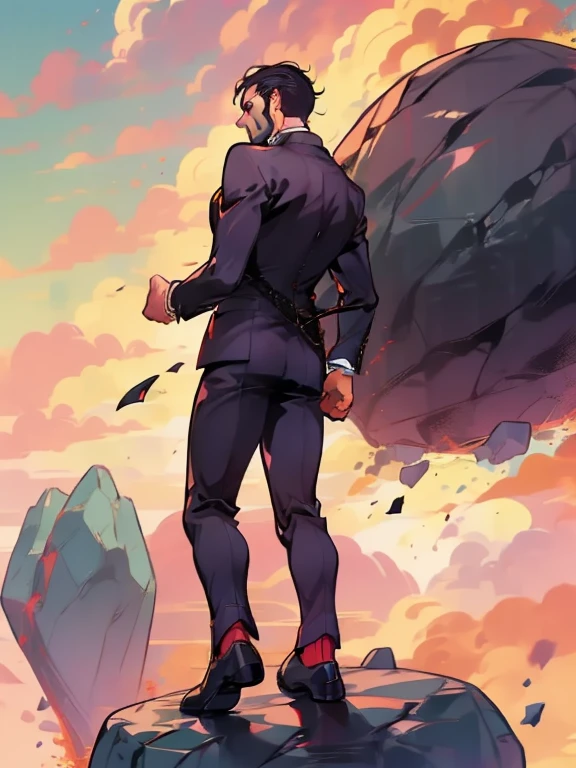 Muscular wizard of the NSFW version flying atop a broom over a modern city lit up at night with a full moon