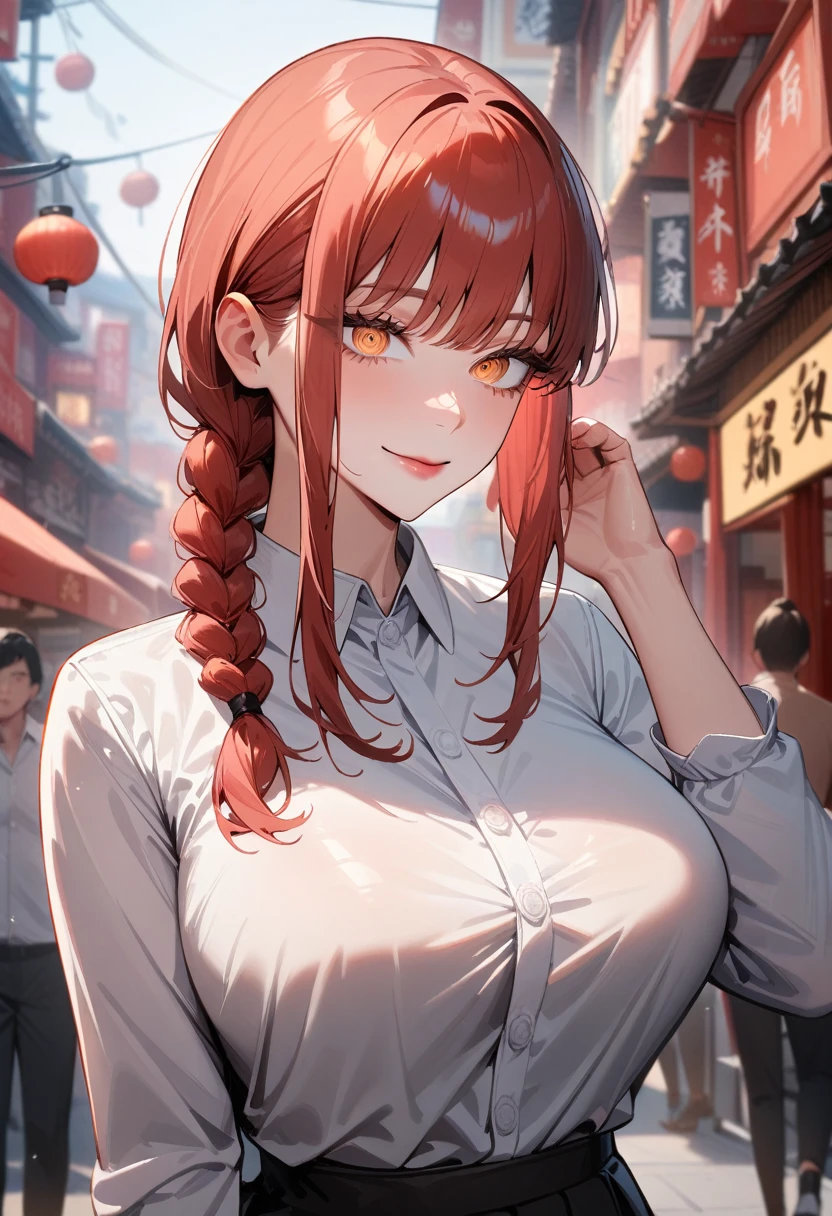 1girl,solo,makima \(chainsaw man\), chainsaw man,super detailed skin,shiny skin,natural smile ,eyelashes,lips gloss,red hair,sidelocks,a braid, large ,Blouse,Pleated skirt,Chinatown ,masterpiece,best quality,ultra detailed,high resolution,sharp focus