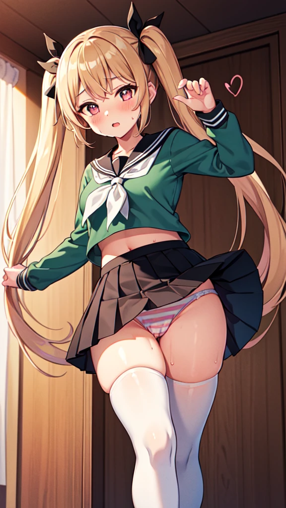 highest quality,masterpiece,8k,1girl,medium breasts, blush, sweat, mini skirt, lift skirt, upskirt, stripe panties, hair ribbon, twin tails, green shirt, seifuku, white neckerchief, long sleeves, pleated skirt, black skirt, thigh highs sox, loafers, camel toe, open legs, heart shaped pupils, 