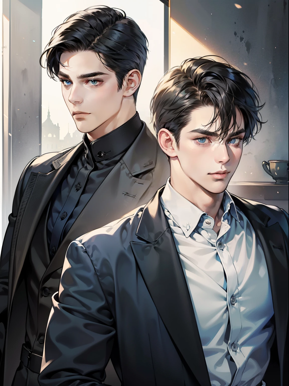 masterpiece, best quality, realistic, 1man, mature male, quiet and charming young man, 41 year old, serious look, closed mouth, portrait, extremely detailed face, cold smile, ((dark grey blue eyes)), ((short-right-swept dark black hair)), [thick eyebrows], ((suit)), handsome, full body, western, Jewish, light brown skin,