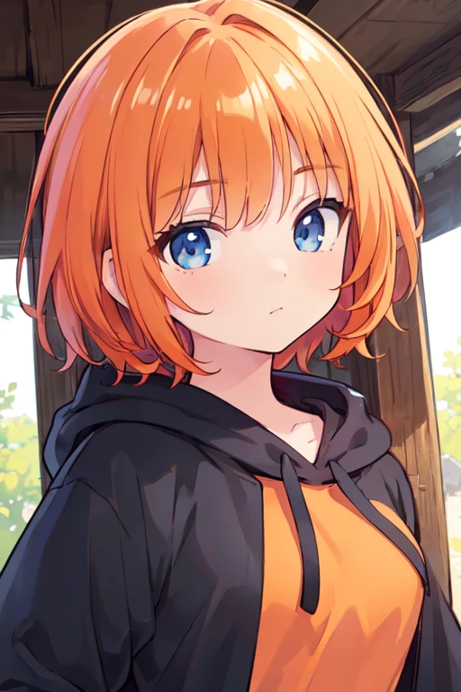 (best quality, masterpiece:1.2), ultra detailed, extremely detailed eyes and face, natural skin texture, detailed skin, natural lighting, -yeld, ey teens, shair, orange hair, shiny hair, blue eyes, medium breasts, black hoodie, face focus, face,