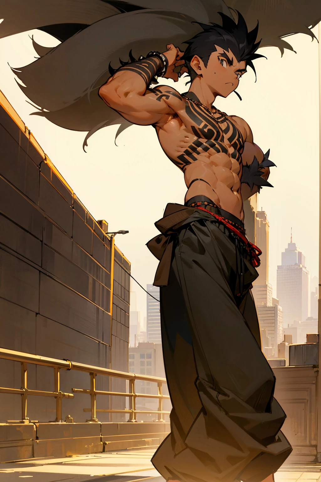 1male, tan skin, black hair, short spiked hair, black beard, tribal arm tattoos, baggy tanktop, blank pants, arms crossing, expressionless, city background, detailed background, standing on path