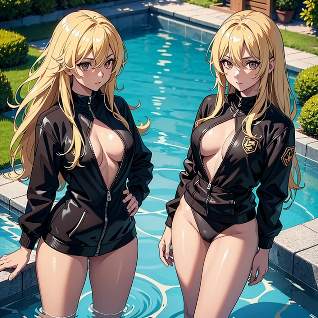 "Generate a high-quality, Full HD anime-style image of a young woman with long blonde hair, brown eyes, and tanned skin. She is wearing a black bikini and a black jacket, showcasing her fit and strong body. She is standing near a pool on a sunny day. Ensure the composition includes reflections in the water, realistic lighting, and higher dynamic range (HDR) to capture the depth of field. Use symmetry to enhance the overall composition, with well-defined shadows. The character should have the aesthetic of a game character, with detailed and vibrant features."