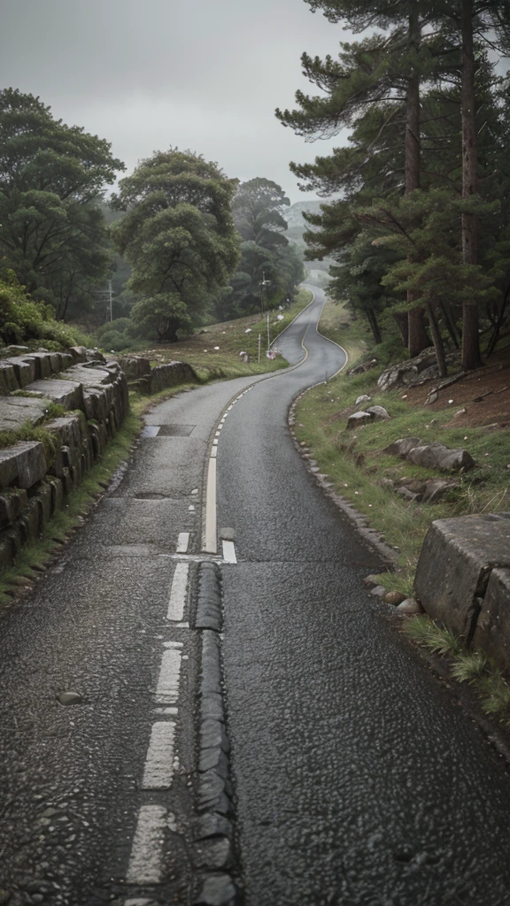 a sailent road in a rocky area , rainy weather , natural and vibrant ,beautiful grey road , equal symmetry,ultra HD , hyper real