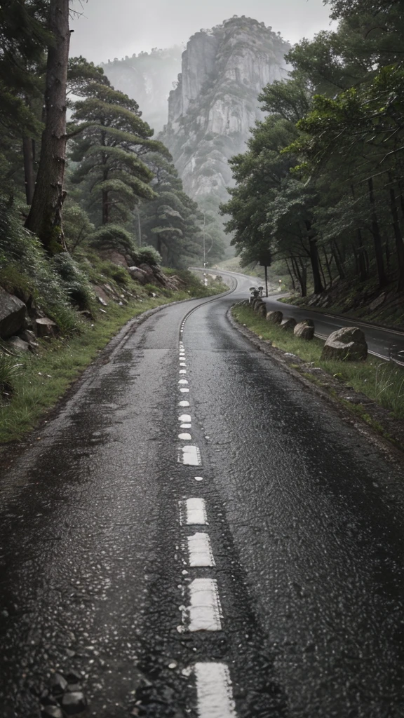 a sailent road in a rocky area , rainy weather , natural and vibrant ,beautiful grey road , equal symmetry,ultra HD , hyper real