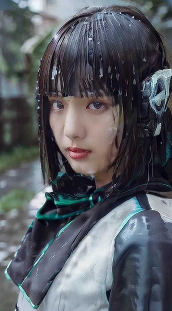 (best quality, 4k, Masterpiece :1.3), beautiful woman, 1 girl, (chest, attractive body :1.2), abdomen :1.1, dark brown hair: 1.1, (wet rain, Wet from the rain, Wet :1.2), Highly detailed face, detailed lips, Detailed eyes, Double eyelids, Cowboy Shot, squat,