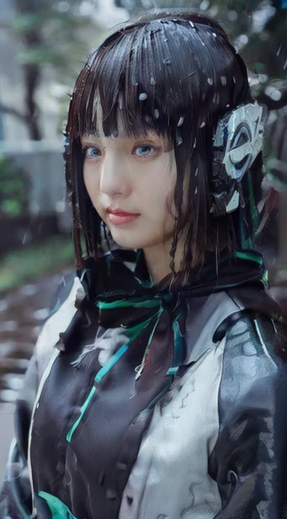 (best quality, 4k, Masterpiece :1.3), beautiful woman, 1 girl, (chest, attractive body :1.2), abdomen :1.1, dark brown hair: 1.1, (wet rain, Wet from the rain, Wet :1.2), Highly detailed face, detailed lips, Detailed eyes, Double eyelids, Cowboy Shot, squat,