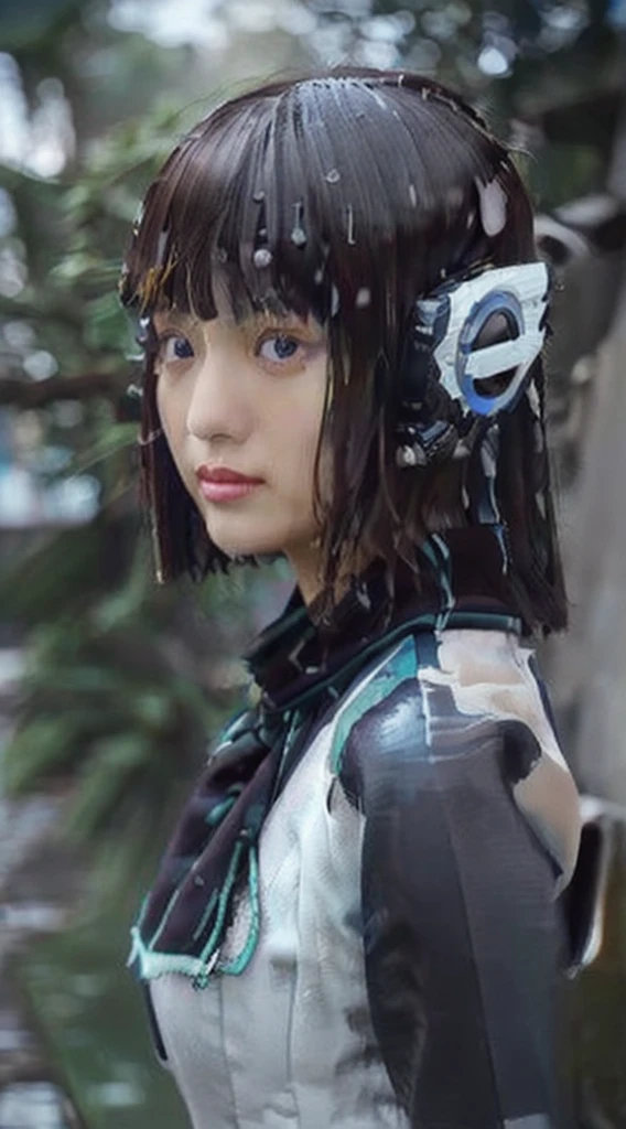 (best quality, 4k, Masterpiece :1.3), beautiful woman, 1 girl, (chest, attractive body :1.2), abdomen :1.1, dark brown hair: 1.1, (wet rain, Wet from the rain, Wet :1.2), Highly detailed face, detailed lips, Detailed eyes, Double eyelids, Cowboy Shot, squat,