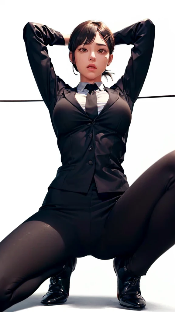 (((Perfect body,White and tender skin,(((black necktie, black pants, business suit, formal, long sleeves, necktie, pants, suit,,))),(((kobeni higashiyama, black hair, hair ornament, hairclip, ponytail, short hair, (brown eyes:1.5),))),((masterpiece)),highres,((Best quality at best)),masterpiece,quality,Best quality,((( Exquisite facial features,Looking at the audience,There is light in the eyes,(((pain,endure))),full body,{|from below|pussy focus},photo of a woman,nude,{standing|sitting|kneeling|squatting|lying|shibari,bondage,chained,suspended from the ceiling},spread legs,{|arms stretched out|grabbing her own breasts|arms behind back|arms over head},happy,white background,simple background))),(((Light and shadow,Huge breasts,))),(((Looking at the camera,White background))))