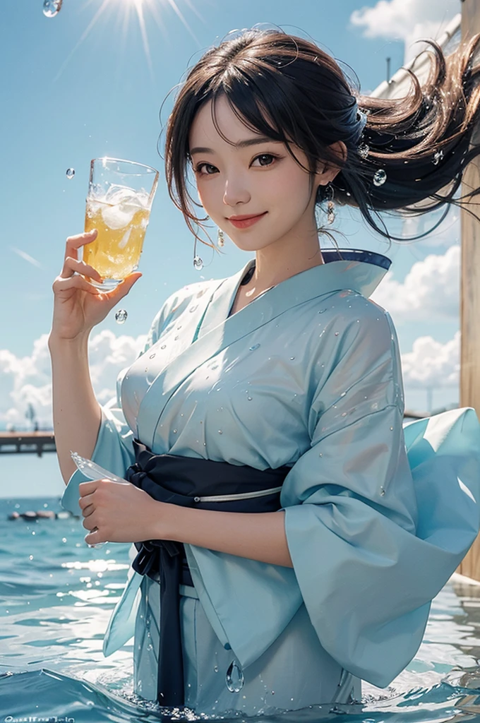 A beautiful woman in a kimono smiling while holding ice and clear, delicious-looking water in a transparent glass cup with water droplets under a sunny summer blue sky