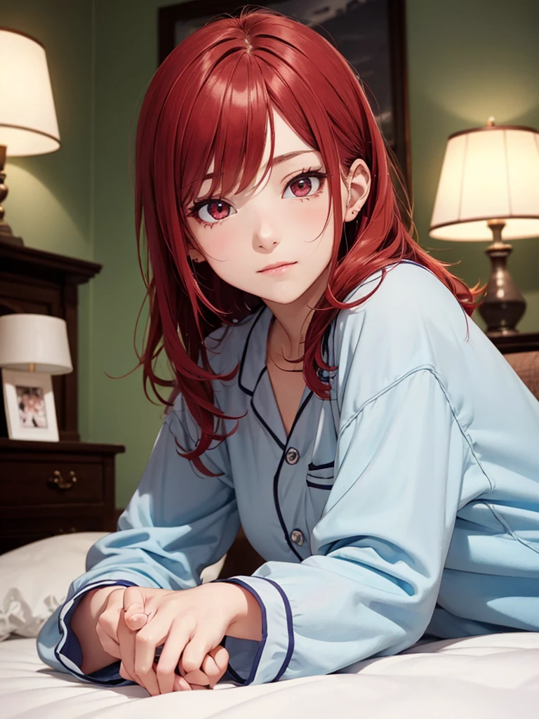 beautiful young woman, anime style, detailed face, red hair, red eyes, delicate features, soft lighting, wearing comfortable pajamas, lying down on a bed, cozy bedroom, soft lighting, warm tones, neatly arranged furniture, bedside table with a lamp, relaxed expression, dynamic pose, Japanese anime style, high quality, highly detailed, 8k resolution, cinematic lighting, best quality, vibrant colors, Instagrammable, aesthetic, trendy