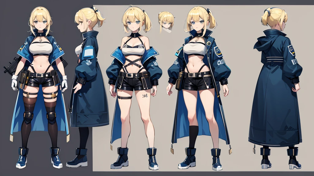 police girl ,blonde hair,blue eye,character design sheet, character turnaround, character in different poses