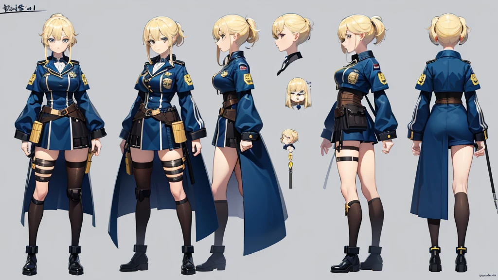 police girl ,blonde hair,blue eye,character design sheet, character turnaround, character in different poses