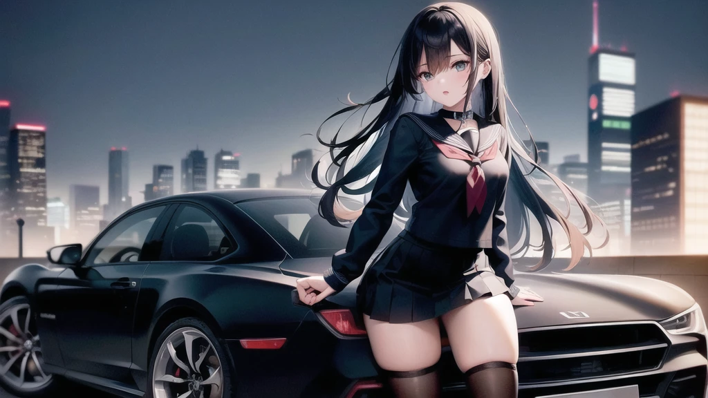 ((masterpiece, best quality)), ((1girl)), (1girl:1), [car], solo, (girl stand in front of car),sitting , sidelocks, aqua eyes, bangs, hair between eyes, looking at viewer, long sleeves,bright,neon lights,night,midnight,city,cyberpunk,light,[motor vehicle],[ground vehicle], sports car, black sailor collar, black serafuku, long hair, black hair, black thighhighs, Pleated skirt, brown footwear, vehicle focus, 