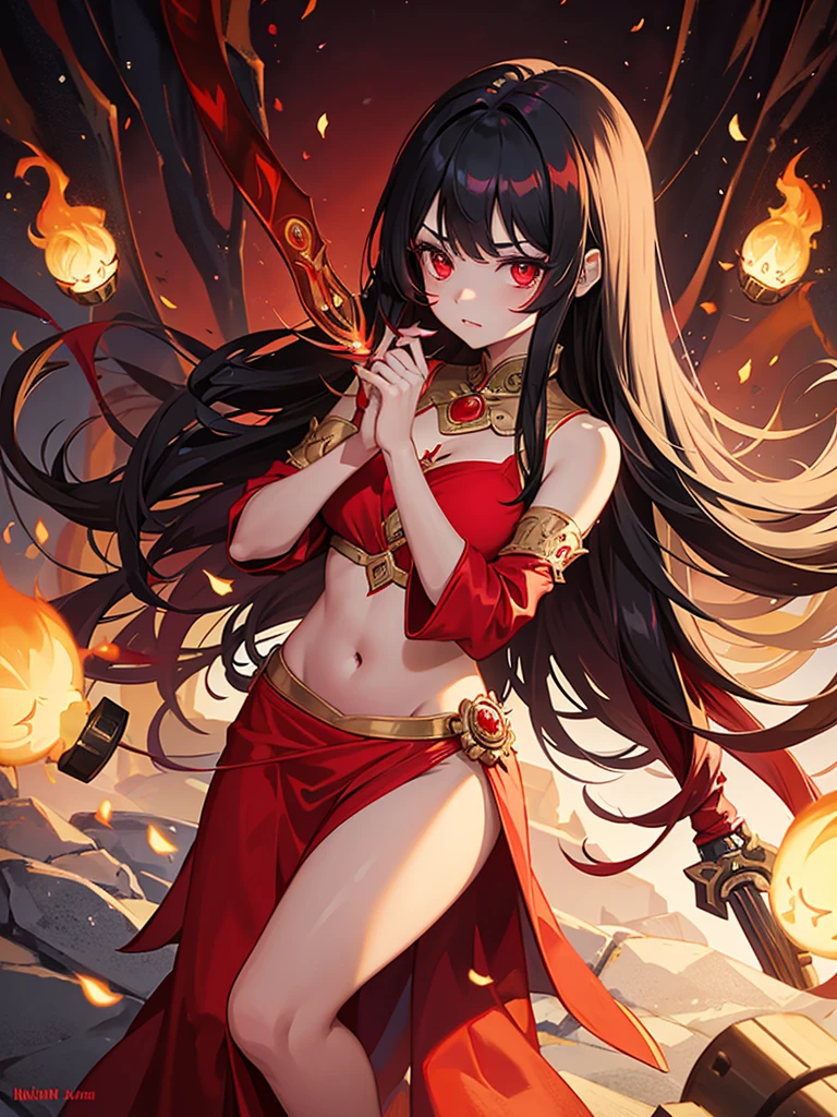 An Indian Scary Horror Girl, Cute Face Girl, Shinning Red Eyes, Long Hair, Looks like Evil and Killer, Anime Indian Girl Wearing Red Saree, Red Blouse Full Sleeve, Uncovered Belly, Photo should be from her Head to Thigh, Holding a large Knife on her hand.