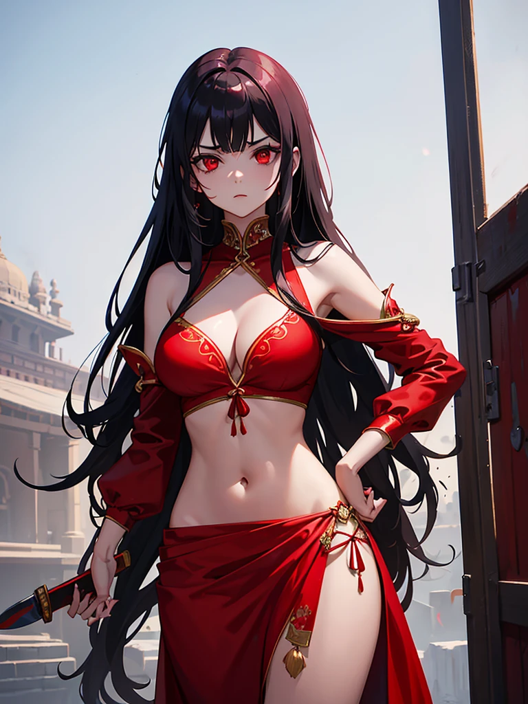 An Indian Scary Horror Girl, Cute Face Girl, Shinning Red Eyes, Long Hair, Looks like Evil and Killer, Anime Indian Girl Wearing Red Saree, Red Blouse Full Sleeve, Uncovered Belly, Photo should be from her Head to Thigh, Holding a large Knife on her hand.