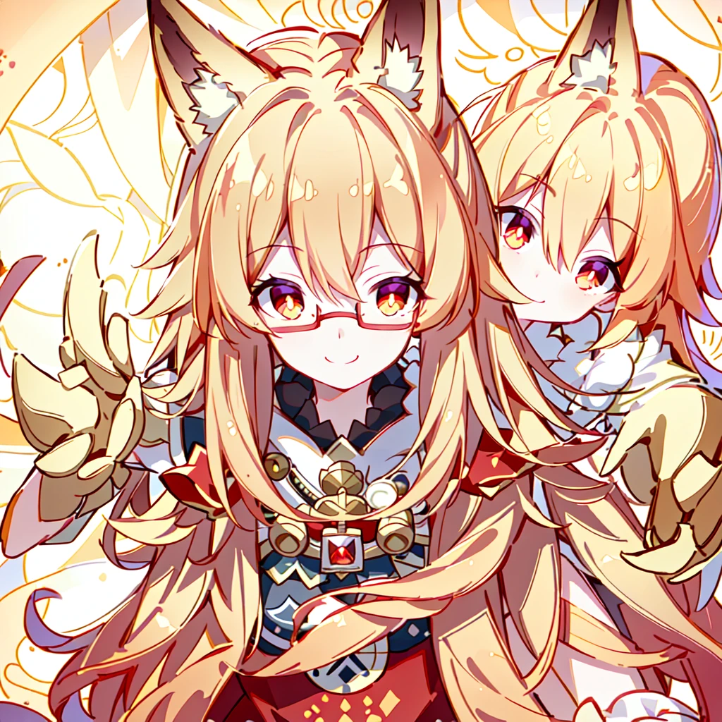 ((Best quality)), ((masterpiece)), (detailed), best quality,8k,original photo,Red Fox Maiden,touch fox,Castle Background, Liveliness. Carefree happy joy bokeh background. Quiet aesthetics. Soft lighting. Artistic Lighting. Gold frame glasses