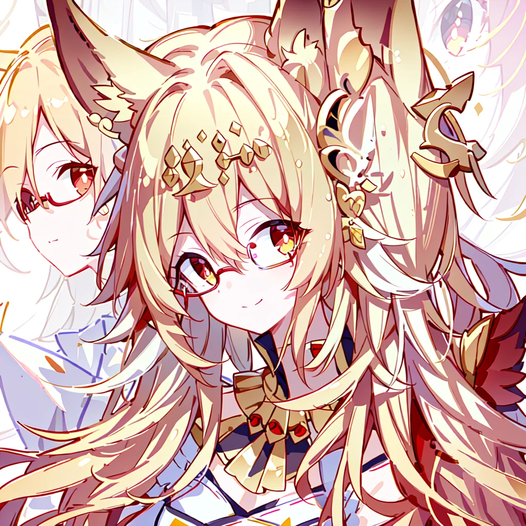((Best quality)), ((masterpiece)), (detailed), best quality,8k,original photo,Red Fox Maiden,touch fox,Castle Background, Liveliness. Carefree happy joy bokeh background. Quiet aesthetics. Soft lighting. Artistic Lighting. Gold frame glasses