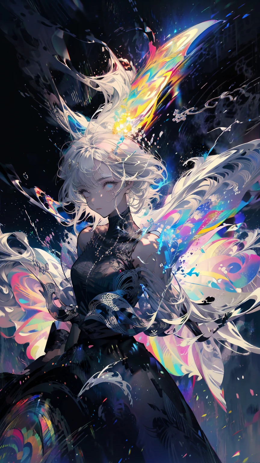White Hair,Hairstyle is long straight,White eyelashes,White Eyes,Black long shirt,Wrapping smoke around the body,Dark atmosphere,Fantasy,Realistic depiction of clothing,Highest quality,Delicate depiction,haze,Grey World,Blank look,Shining Heavenly Wheel,Angel,artpaint,Background is dark acrylic gouache,Waist Up,Smoke from the body,A fleeting expression