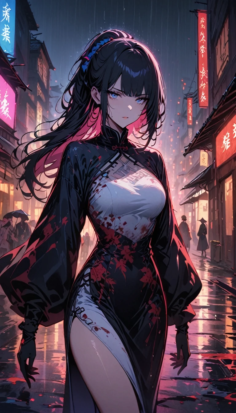 Masterpiece, best quality, night, outdoors, rainy days, branches, Chinese style, ancient China, 1 woman, mature woman, silver white long haired woman, gray blue eyes, light pink lips, cold, serious, weak, bangs, assassins, short knives, white clothes, black clothing patterns, blood stains, blood, injuries, blood on the face, blood on the clothes, rain, fine face, fine face,