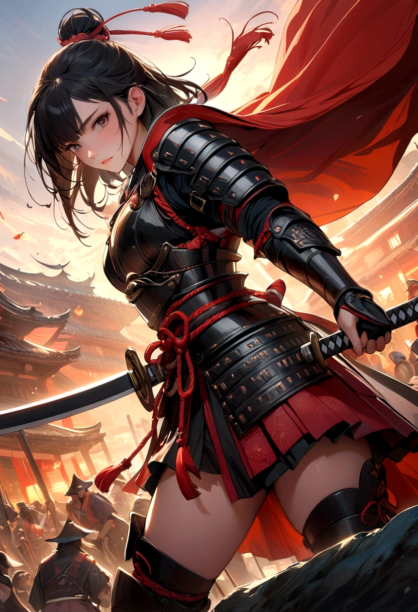 a picture of Japanese female samurai, she has long black hair, wearing samurai armor, armed with a katana, ready for battle, dynamic angle,, Japanese fantasy art, (Masterpiece: 1.5), 16k, highres, best quality, high details, ultra detailed, masterpiece, best quality, (extremely detailed), arafed, dnd art, JapaneseKatana, wtrcolor style