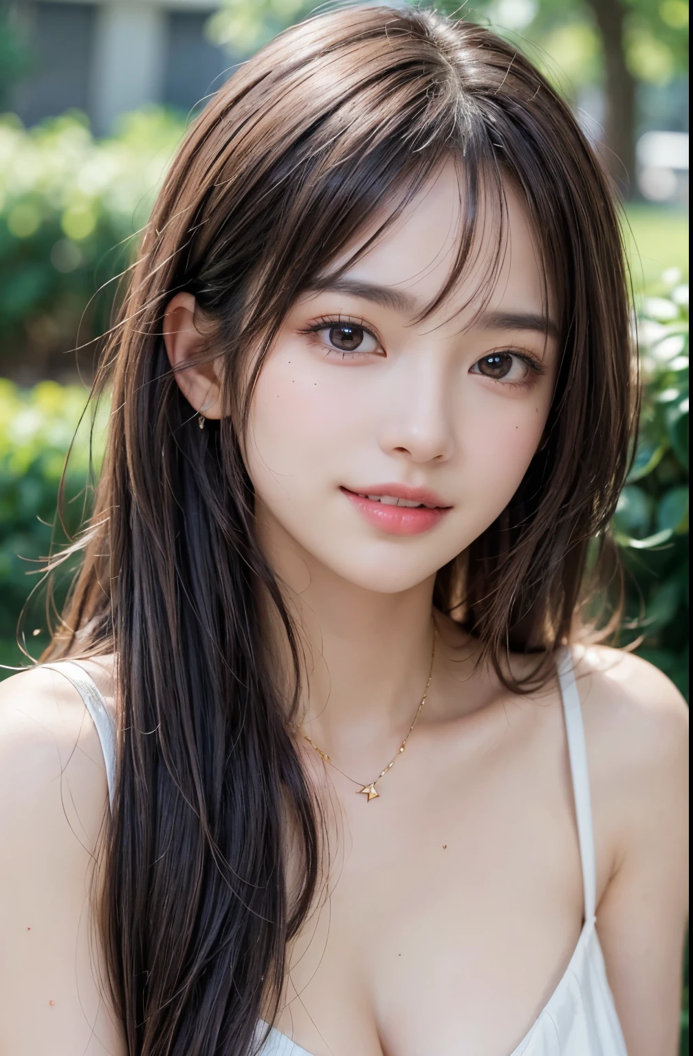 (masterpiece: 1.3), (8k, Realistic, RAW Photos, Highest quality: 1.4), (One Girl), Beautiful Face, (Realistic Face), (Brown long hair: 1.3), Beautiful Hairstyles, (bangs), (smile), smile, Realistic eyes, Gloss, highlight, highlight in the Eyes, eyelash, Beautiful details in the eyes, (Realistic Skin), Beautiful Skin, Transparency, Light blue see-through dress，bust, smile, teeth, Confused, charm, 超High resolution, Ultra-realistic, High resolution, Golden Ratio, Clear eyes, Wet, Mole, Looking into the camera, ear, Shine, Long neck, double eyelid, Big eyes, cheek, kind character, charm personality, kind, Move, 圧倒的なcharm, bright personality