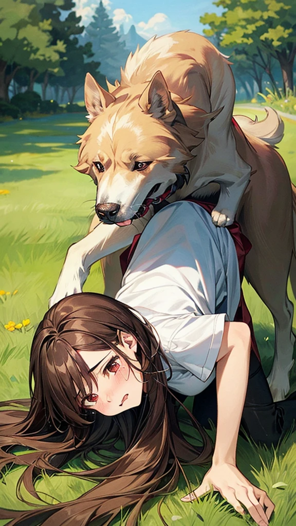 Masterpiece, top quality, highest definition, one adult female, slit eyes, dark hair, one length, brown eyes, model like, beautiful, perfect proportions. Shirt, mini tight skirt. She is on all fours in a grassy field. A large dog is mounted on her back, and she and the large dog are mating. The dog is holding the woman's back.
The woman's face is bright red and flushed, her mouth open and both eyes closed,
She looks like she is crying.