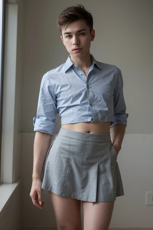 A young man, having long legs, thick thighs, large hips, thin and narrow weist, very small spikey boyish haircut, wearing blue skirt and formal shirt, going to school, , very small spikey boyish haircut , bearded