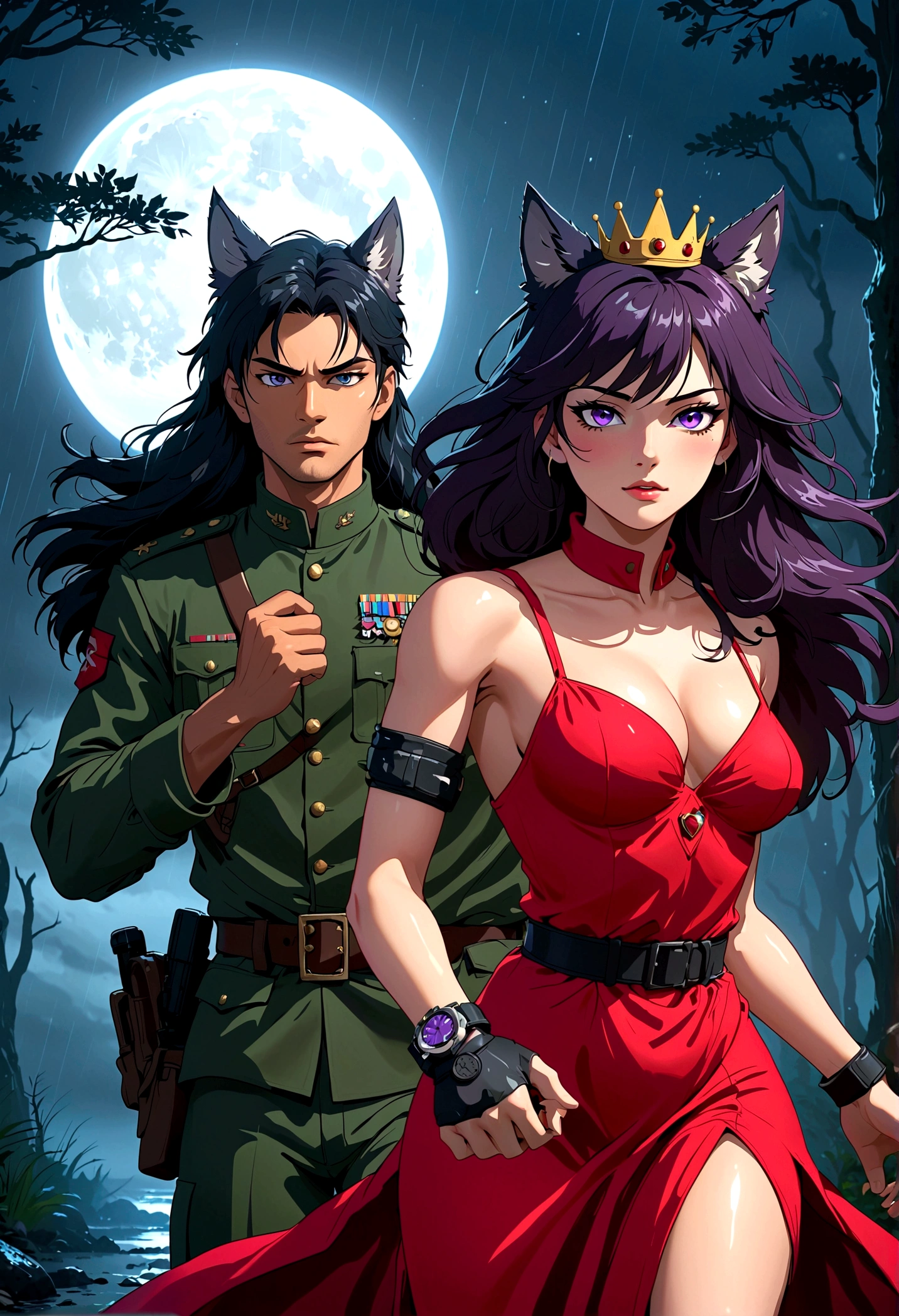 A beautiful girl in a red dress with long hair wearing a small crown, an handsome anime boy with purple eyes and short black hair with wolf ears, a military officer, tactical gear, muscular physique, dynamic action pose, wristwatch, wilderness survival, heavy rain, a fierce grey wolf, dynamic motion capture, tense atmosphere, moonlight