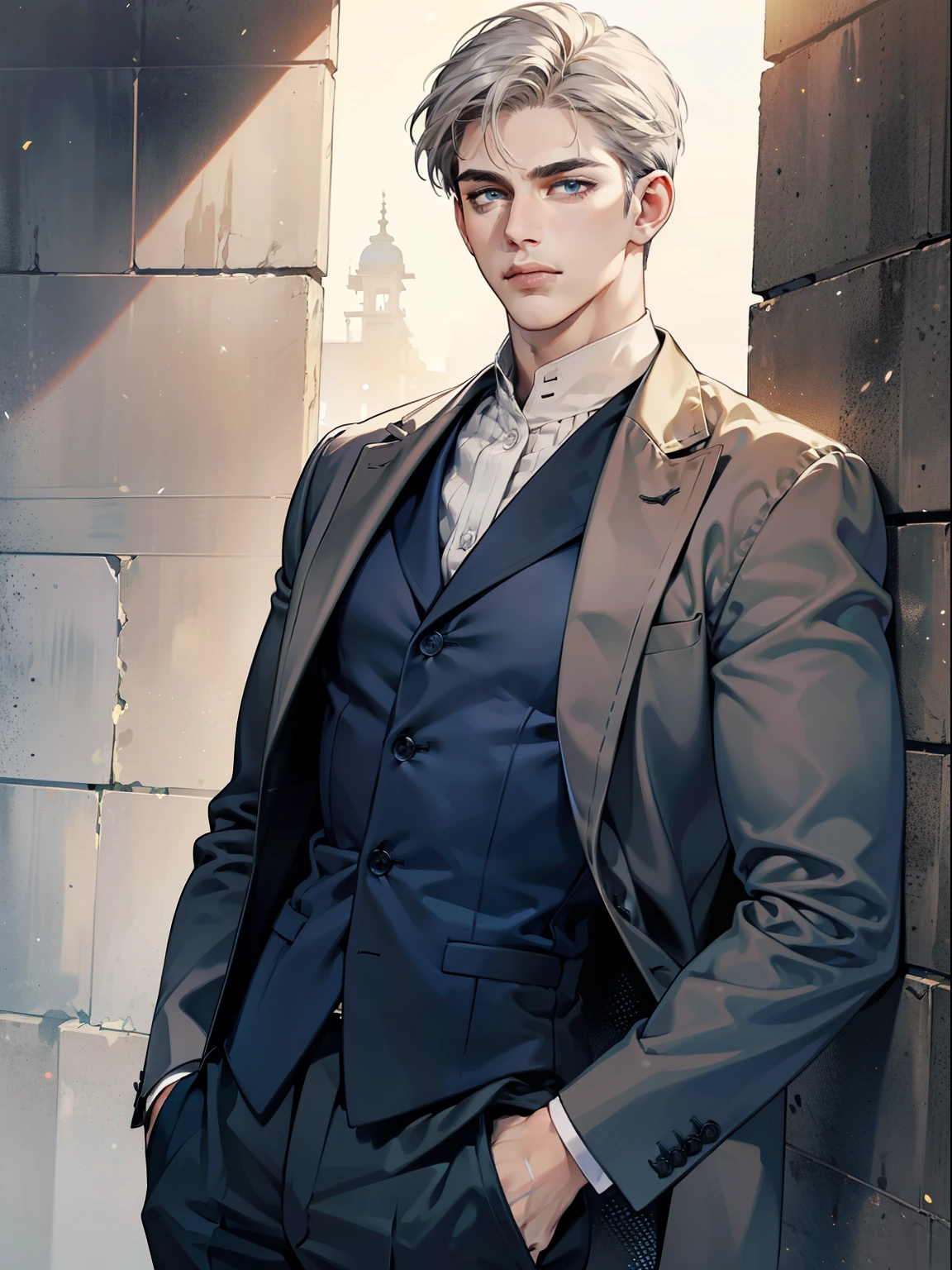 masterpiece, best quality, realistic, 1man, mature male, quiet and charming young man, 41 year old, serious look, closed mouth, portrait, extremely detailed face, cold smile, ((dark grey blue eyes)), ((short-right-swept dark white hair)), [thick eyebrows], ((suit)), handsome, full body, western, Jewish, light brown skin,