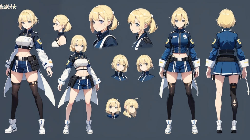 police girl ,blonde hair,blue eye,character design sheet, character turnaround, character in different poses
