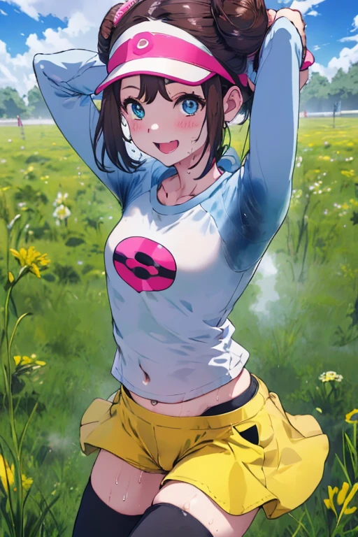 NSFW、Tabletop、Highest quality、High resolution、1 Girl、alone、low length、Thin legs、belly button、smile、、Dark brown hair、Hair Bun、blue eyes、Long twin tails、Visor Cap、((black tights、boots))、Raglan sleeves、White panties、((Short yellow shorts))、shirt、Pink Ribbon、clock、plateau、overgrown with grass、A photo of a subject taken from below、(Are standing、Dancing)、(((Sweat)))、Sexual pose、Are standing、Spread your legs、((pussy))、((Love juice))